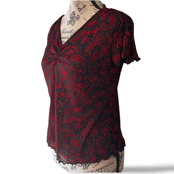 Y2K Carol Rose Black and Red Mesh Paisley Top Size Large - Picture 2 of 4